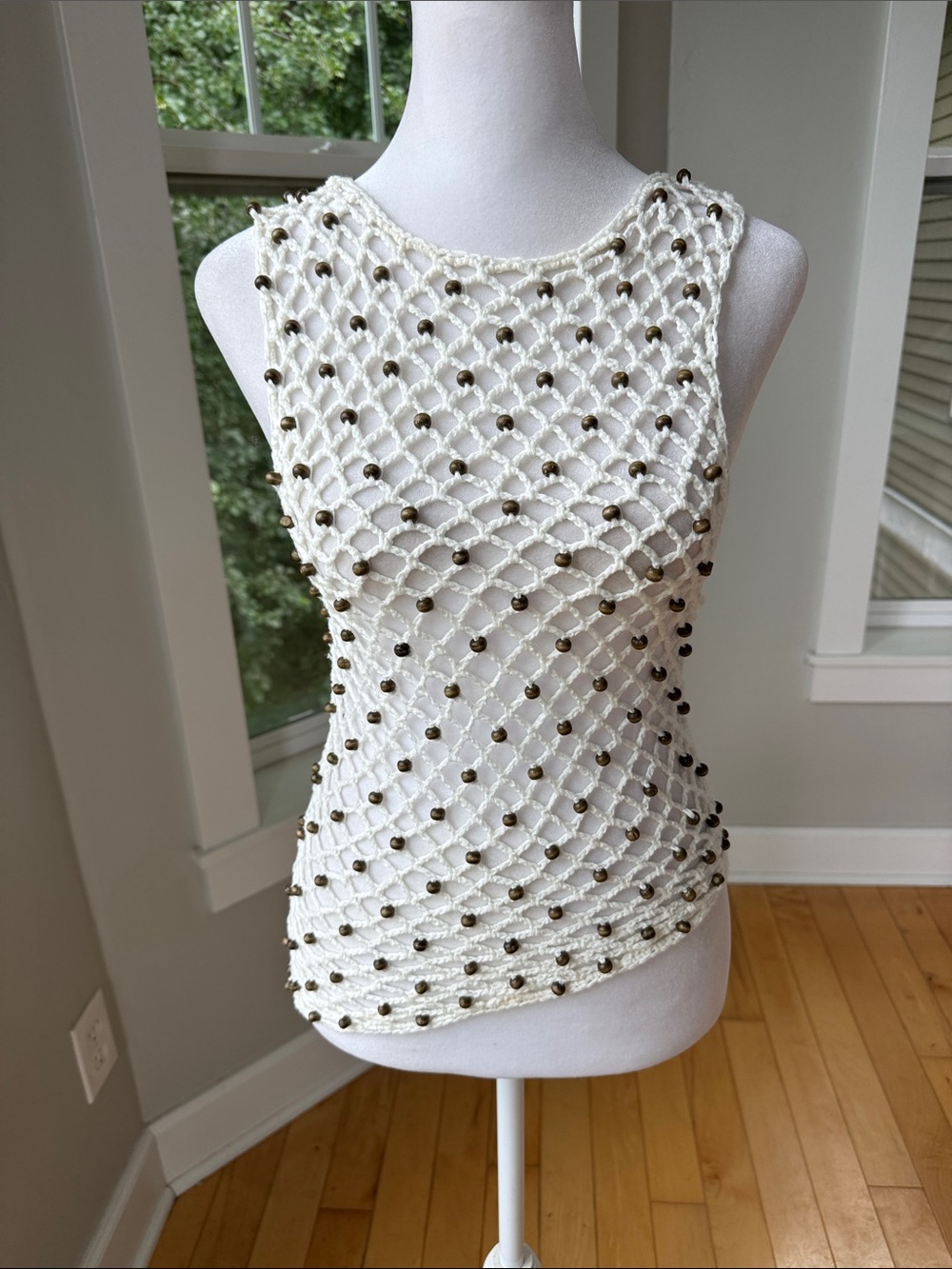 Ivory Crochet Open Knit Asymmetrical Swim Coverup with Wood Beads XS or Small